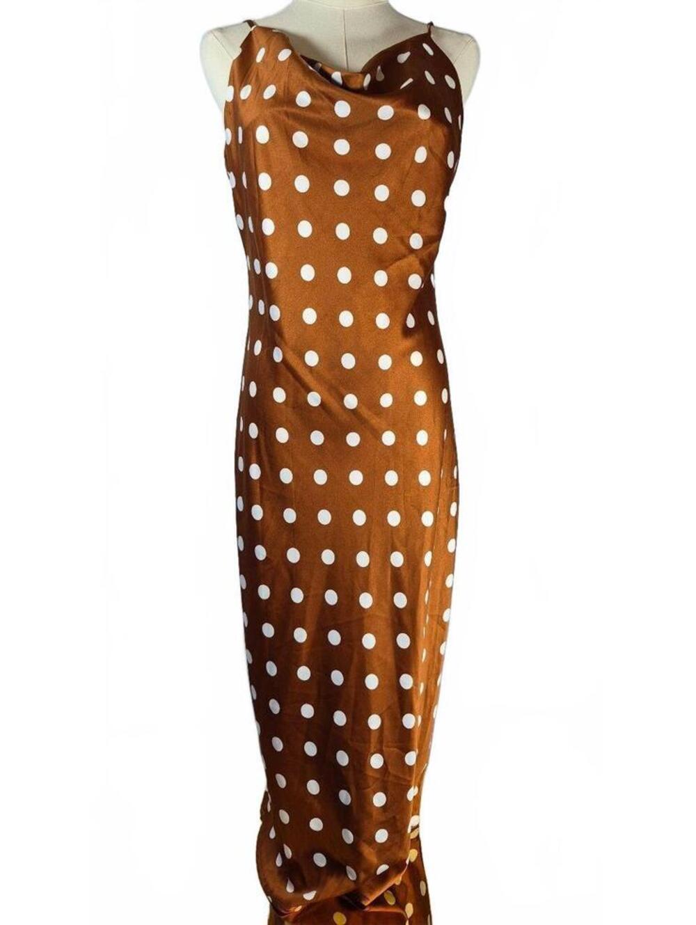 NWT Billy J Fae Rust Polka Dot Satin Cowl Neck Dress Size 10